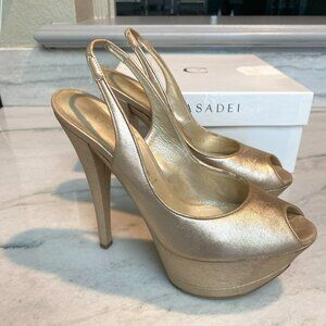 CASADEI Aluminum Caramel Peep Toe Platform Leather Heels Size 7-1/2”